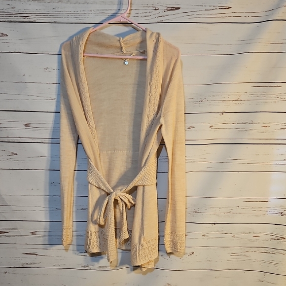 Knitted & Knotted Beige Cardigan Sweater Tie Front Open Knit Small S - Picture 1 of 15